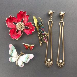 Vintage Butterfly Floral Insect Brooch Lot Gold Tone Jewelry Statement Earrings